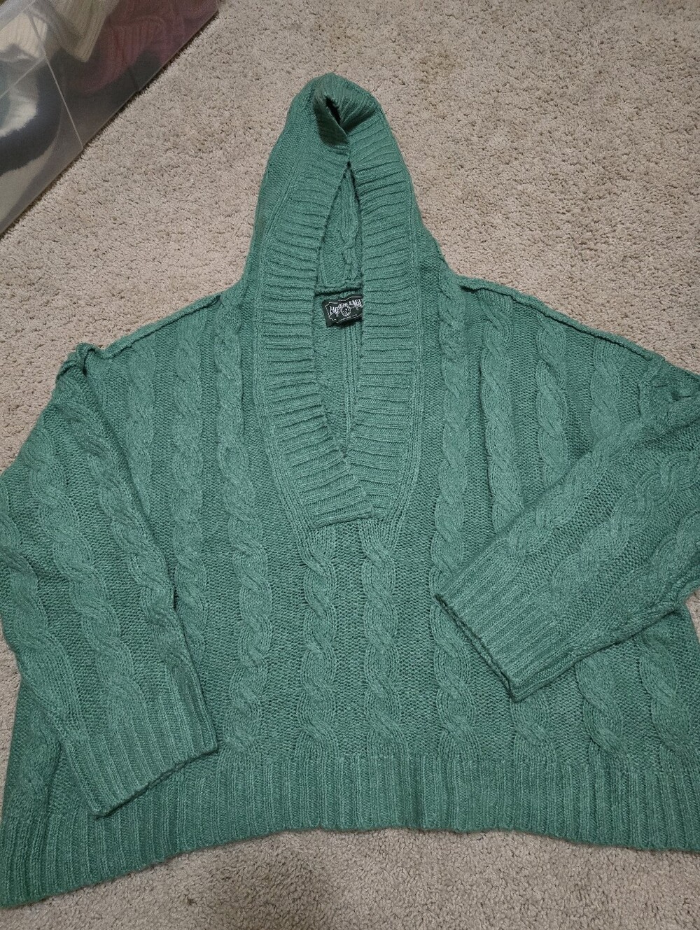 American Eagle Outfitters Teal Cable-Knit V-Neck Hoodie Sweater